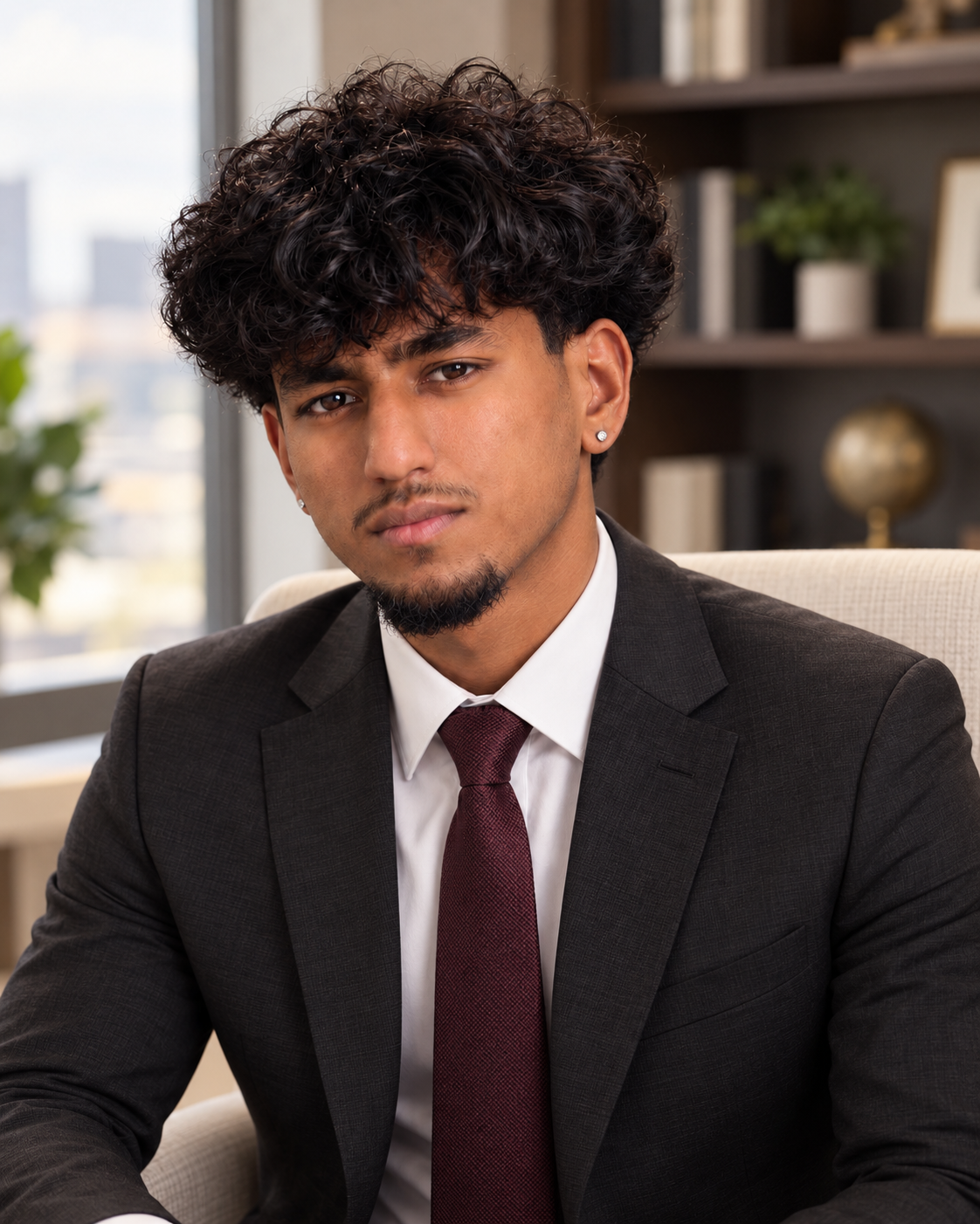 Aathis Panchalingam seated in a charcoal suit and burgundy tie